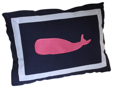 Navy Lumbar Pillow With Whale and Grosgrain, Pink