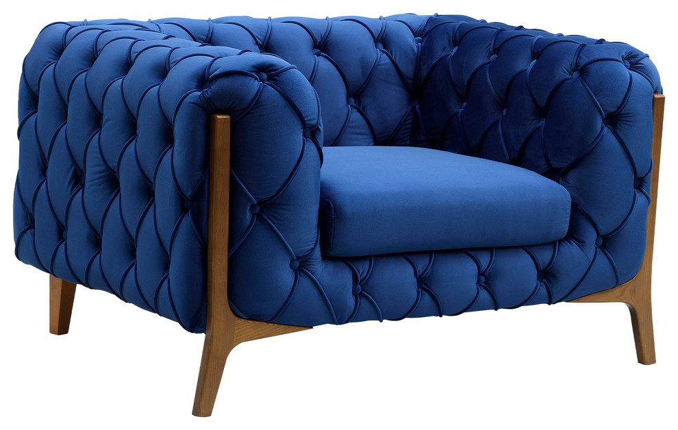 Tuxedo Tufted Sofa Chair, Champagne Finish, Dark Blue Velvet