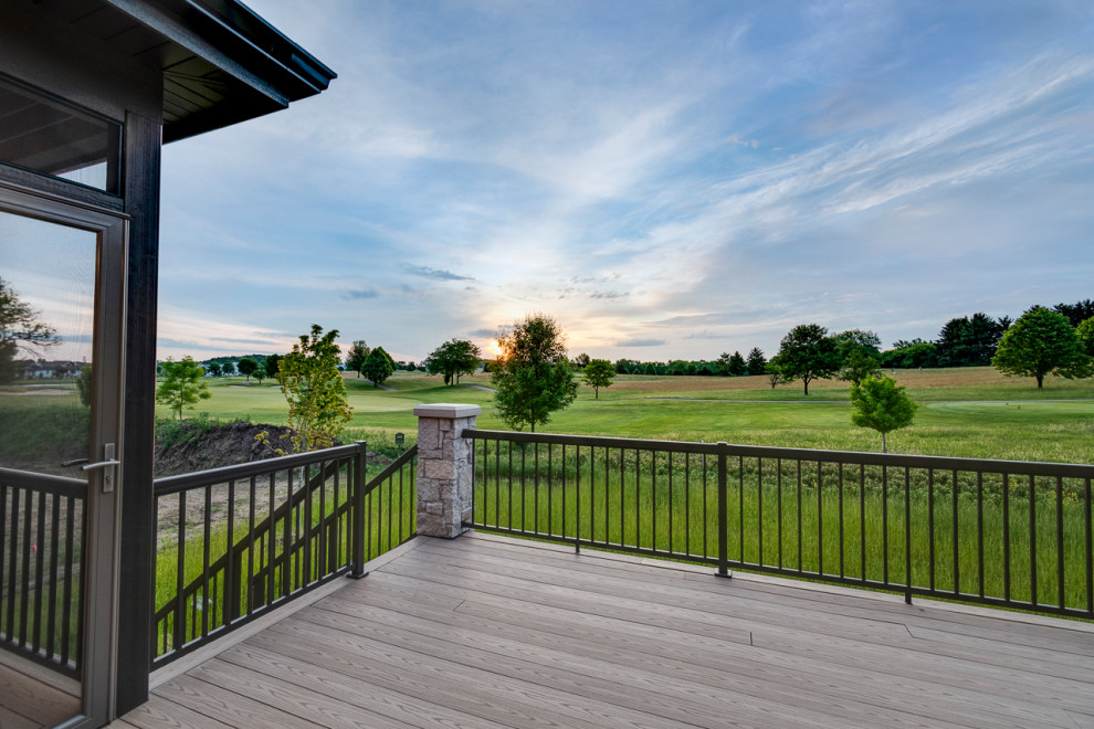 Mid-sized elegant backyard ground level metal railing deck photo