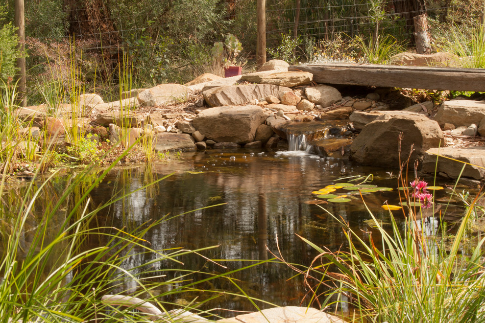 Mid-sized and australian native country garden in Other with a water feature.