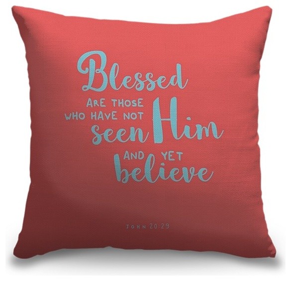 "John 20:29 - Scripture Art in Teal and Coral" Pillow 16"x16"