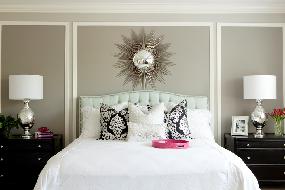 Inspiration for a large transitional master bedroom remodel in Los Angeles with gray walls and no fireplace
