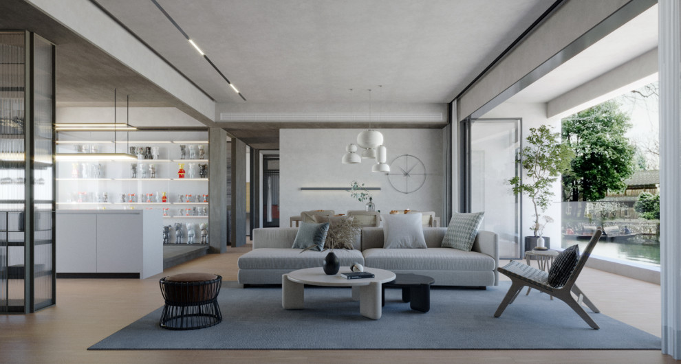 Foto de salón abierto minimalista grande sin chimenea con paredes blancas, suelo de contrachapado, televisor colgado en la pared y suelo marrón