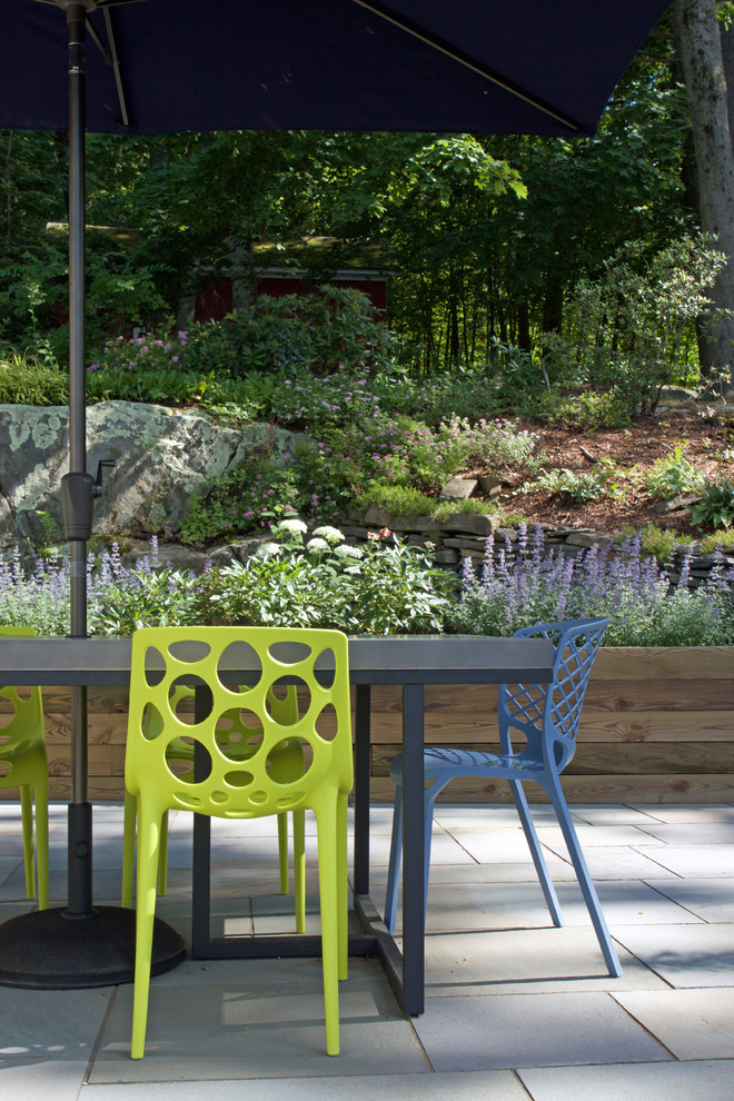 This is an example of a mid-sized contemporary backyard patio in New York with a container garden, tile and no cover.