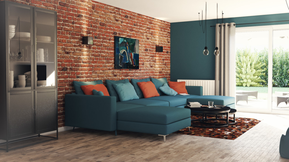 Пример оригинального дизайна: изолированная гостиная комната среднего размера в стиле лофт с разноцветными стенами, светлым паркетным полом, телевизором на стене и кирпичными стенами