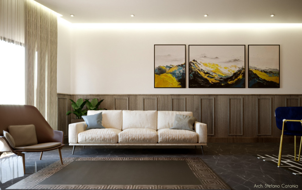Idee per un soggiorno classico di medie dimensioni con sala formale, pareti arancioni, pavimento in gres porcellanato, TV a parete, pavimento grigio, soffitto ribassato, boiserie e con abbinamento di mobili antichi e moderni