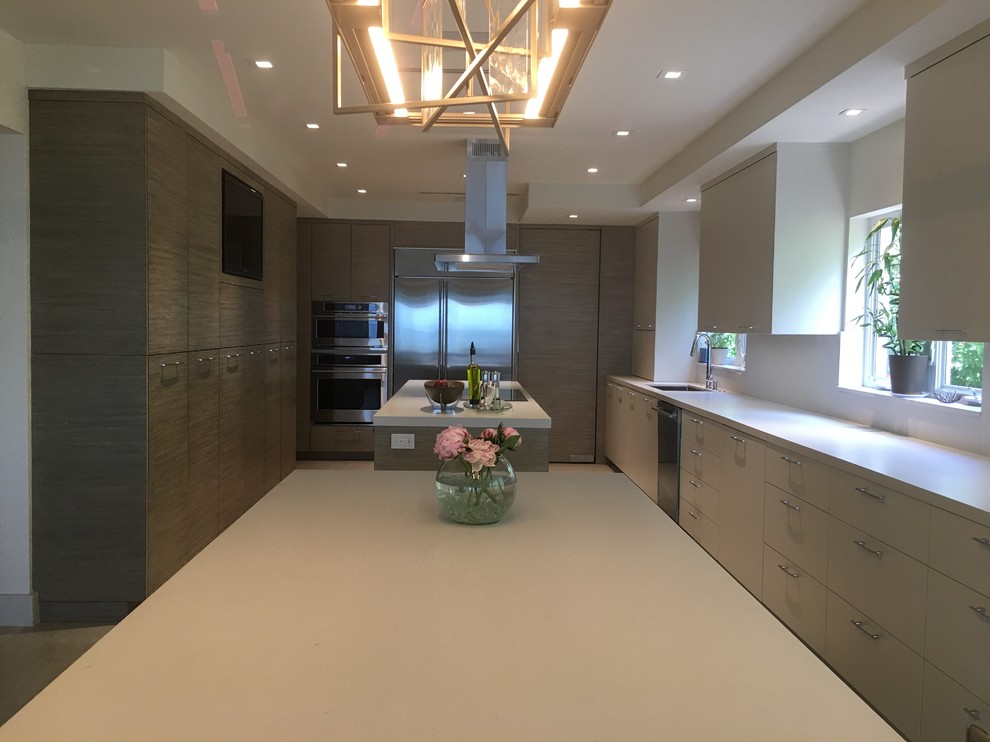Large trendy u-shaped eat-in kitchen photo in Miami with flat-panel cabinets, stainless steel appliances and two islands