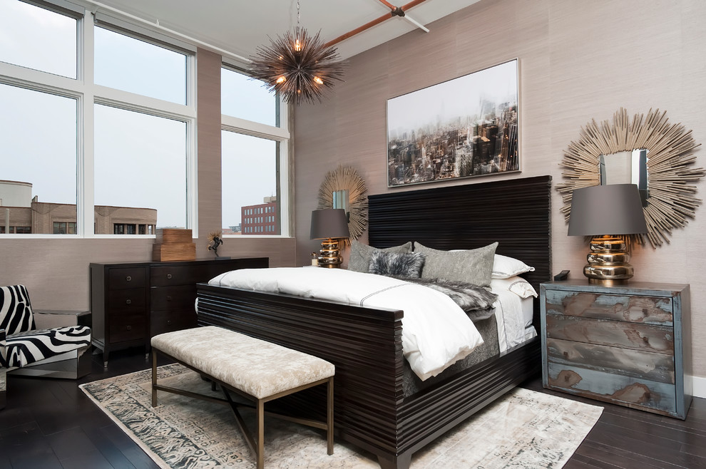Design ideas for a mid-sized contemporary master bedroom in Denver with beige walls and dark hardwood floors.