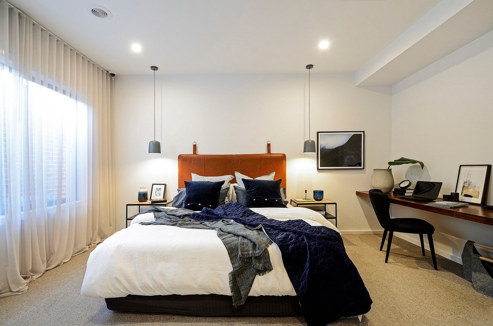Photo of a contemporary master bedroom in Melbourne with white walls, carpet and beige floor.
