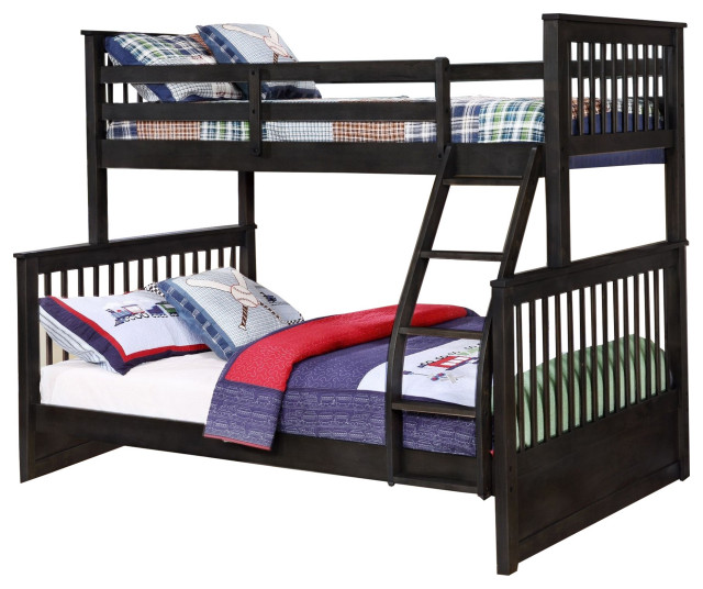 Twin Over Full Wooden Bunk Bed With Slatted Details, Charcoal Gray
