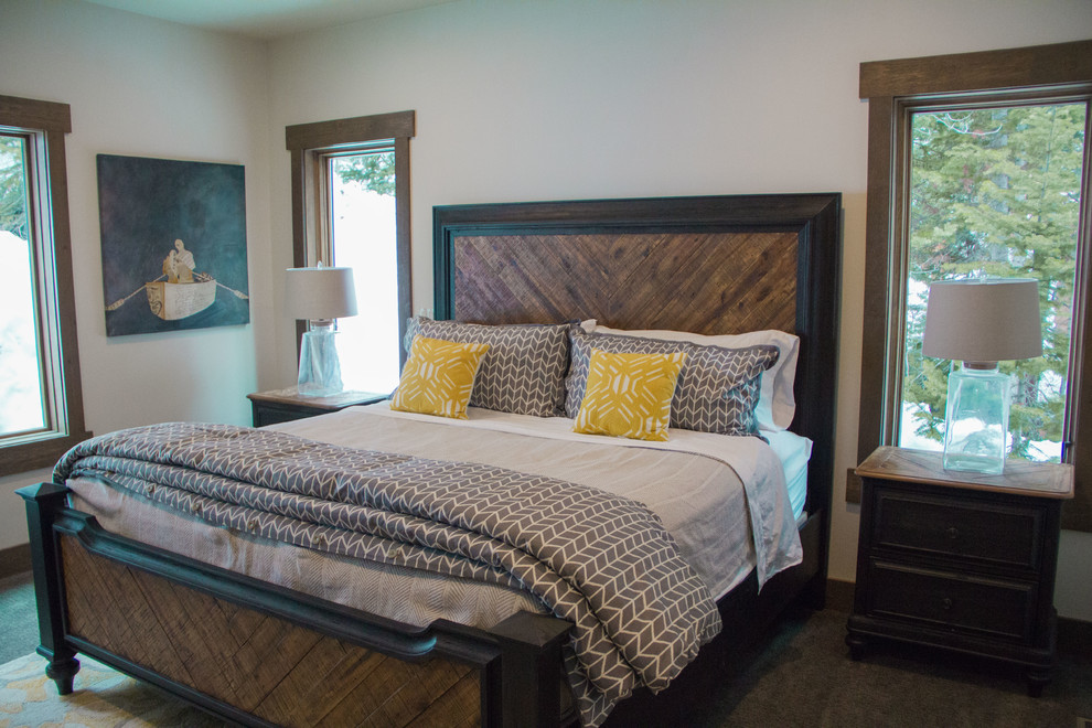 This is an example of a mid-sized country master bedroom in Salt Lake City with white walls and carpet.