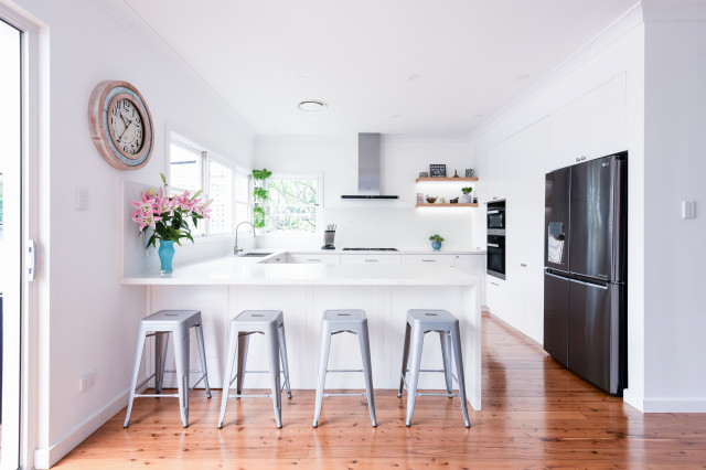 G-shape Kitchen with Stone Waterfall Benchtop contemporary-koek