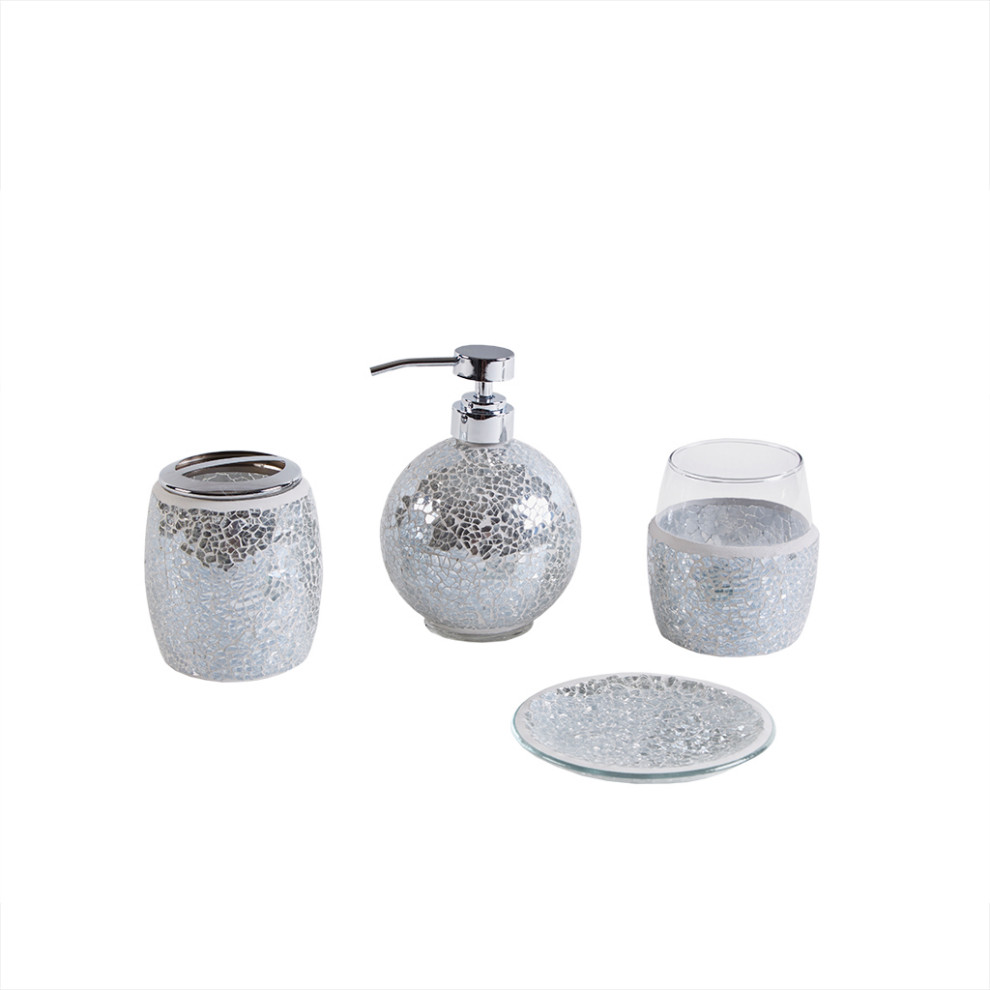 Madison Park Mosaic 4 Piece Bath Accessory Set, Silver Contemporary