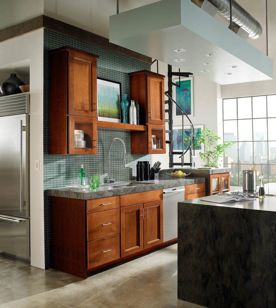 Example of a mid-sized transitional single-wall concrete floor and beige floor eat-in kitchen design with a double-bowl sink, shaker cabinets, dark wood cabinets, granite countertops, blue backsplash, glass tile backsplash, stainless steel appliances, an island and gray countertops