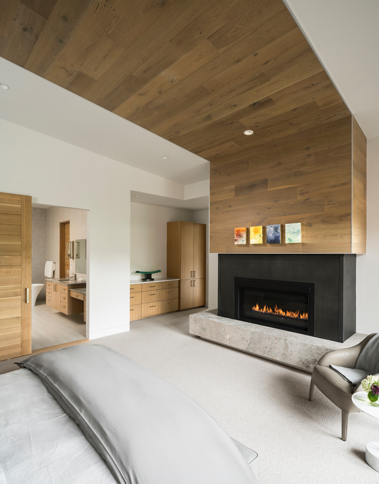 This is an example of a large country master bedroom in Salt Lake City with white walls, carpet, a ribbon fireplace, a metal fireplace surround and grey floor.