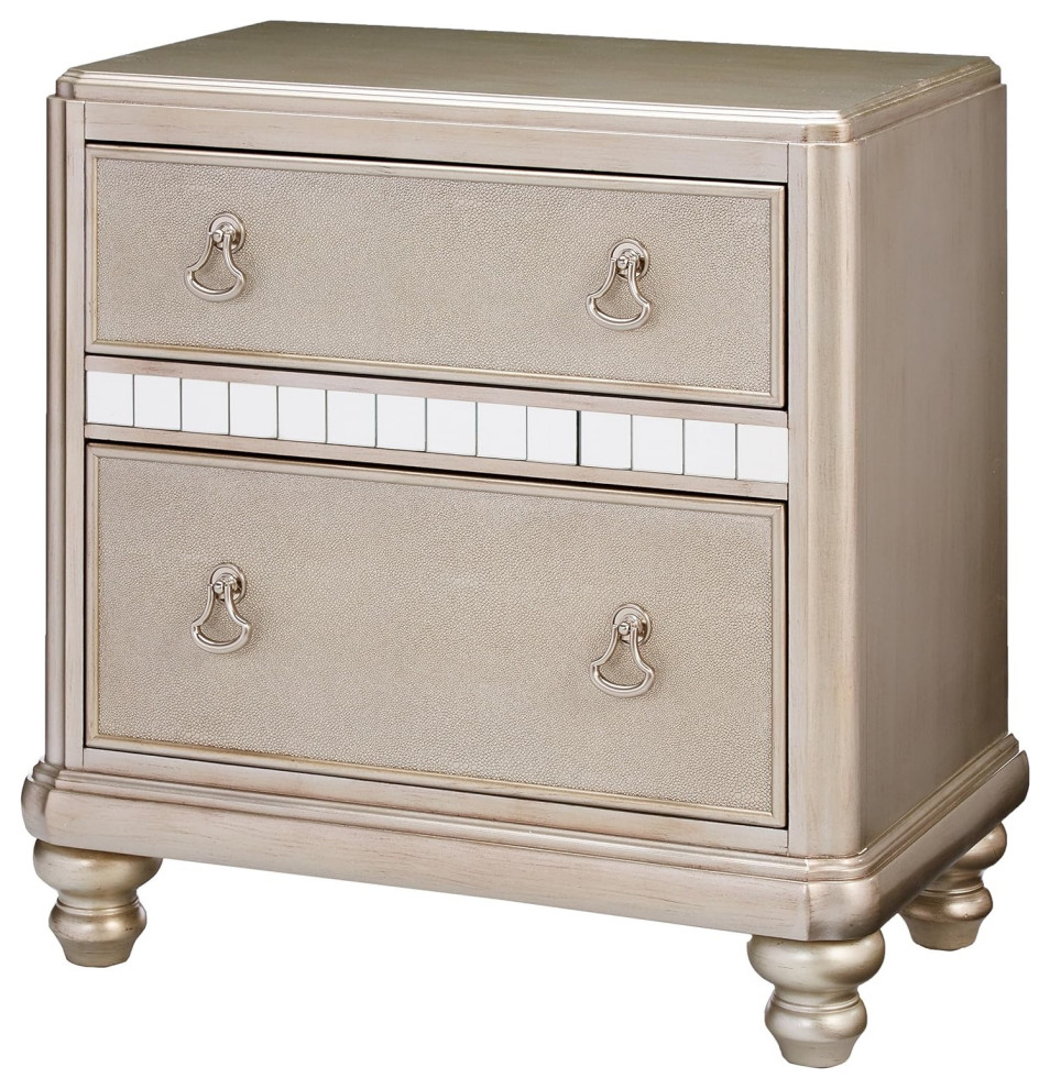 Traditional Glam Nightstand, Bun Feet and 2 Storage Drawers, Metallic Platinum Farmhouse