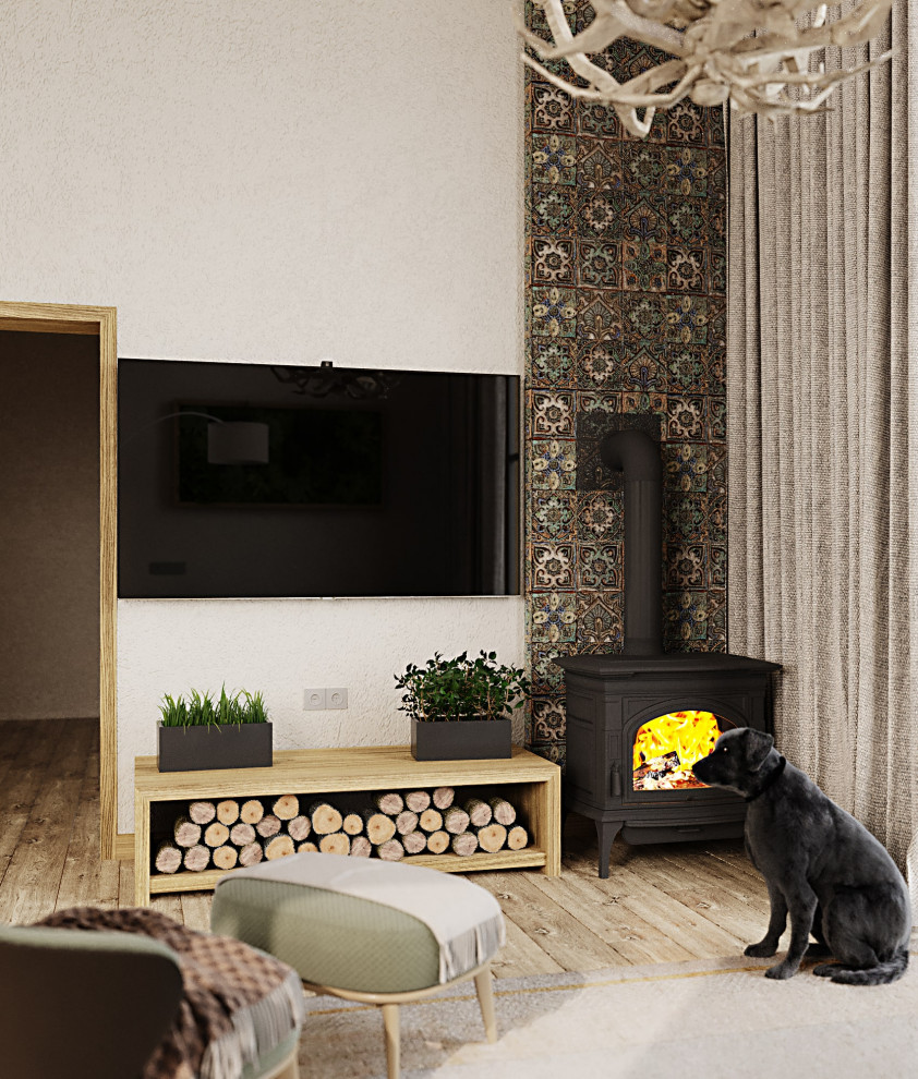 Дизайн-проект гостиной с камином в загородном доме