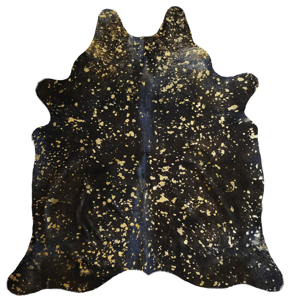 Brazilian Cowhide Rug Devore Metallic Gold on Black Contemporary Novelty Rugs by Luxury