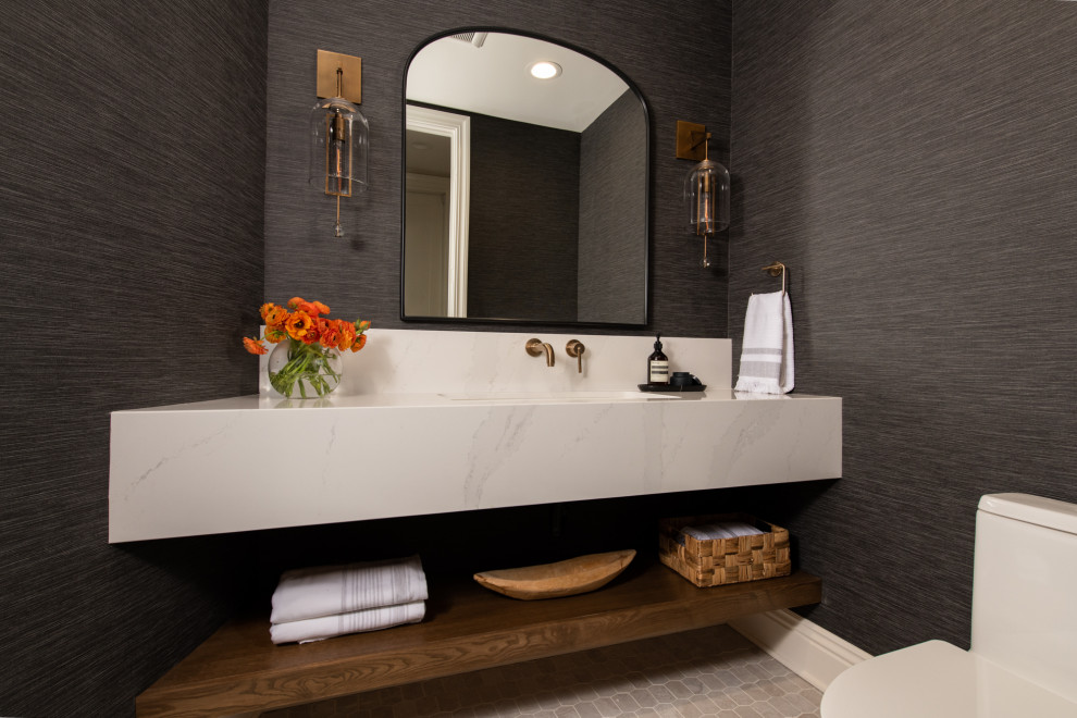 Inspiration for a small modern cloakroom in Orange County with open cabinets, black walls, porcelain flooring, a submerged sink, engineered stone worktops, beige floors, white worktops and a floating vanity unit.
