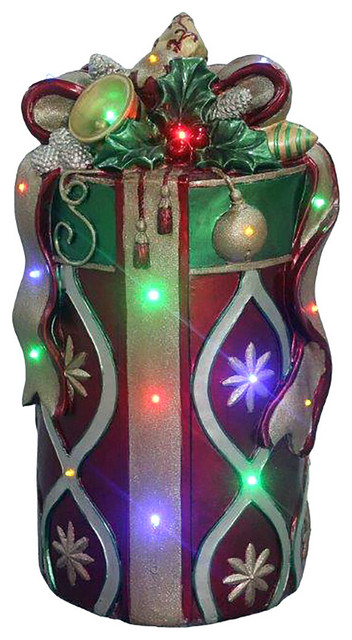 Long Lasting Led Lights 26 Tall Round Gift Box Bow Red Gold