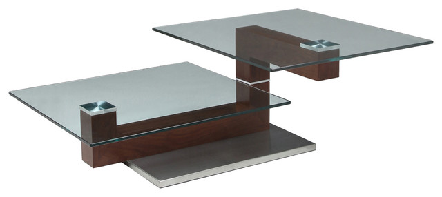 Pastel Janice Rectangular Glass Coffee Table in Stainless Steel and Walnut Wood