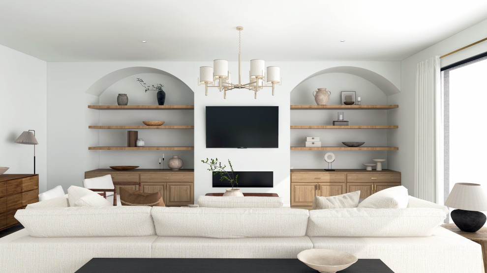 Design ideas for a modern living room in Surrey with white walls and exposed beam.
