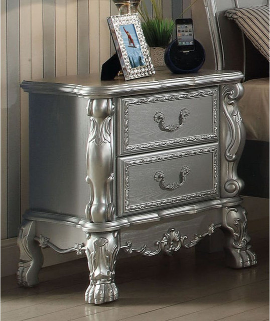 Wooden Two Drawer Nightstand With Motif Engraved Feet Silver Victorian Nightstands And Bedside Tables By Virventures