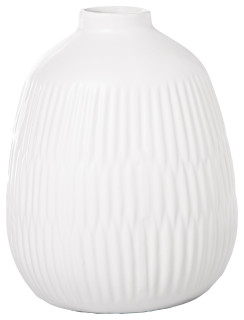 Ceramic Round Vase with Layered Vertical Pattern Design Matte White Finish