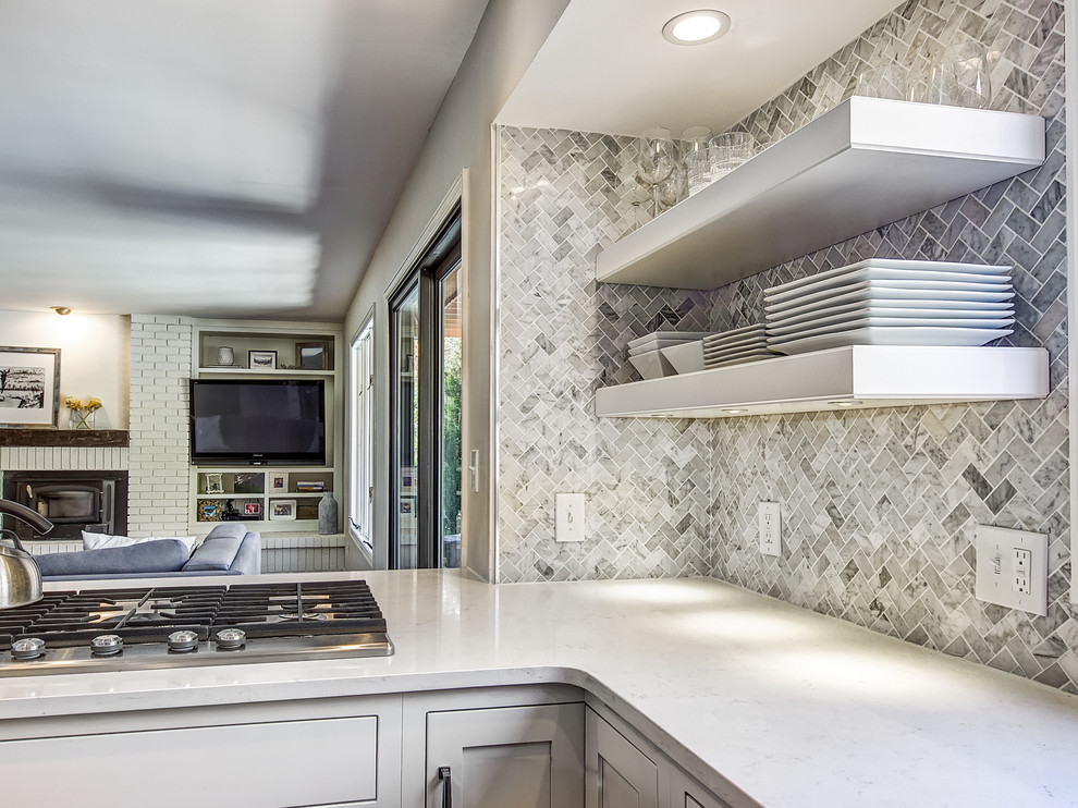 Kitchen - transitional dark wood floor kitchen idea in Denver with a farmhouse sink, shaker cabinets, white cabinets, quartz countertops, stone tile backsplash and an island