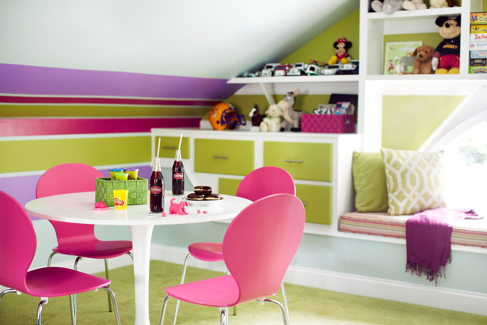 Design ideas for an eclectic kids' playroom in Raleigh with green floor and carpet.