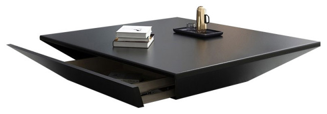 Modern Black Wood Coffee Table with Storage Square Drum with Drawer