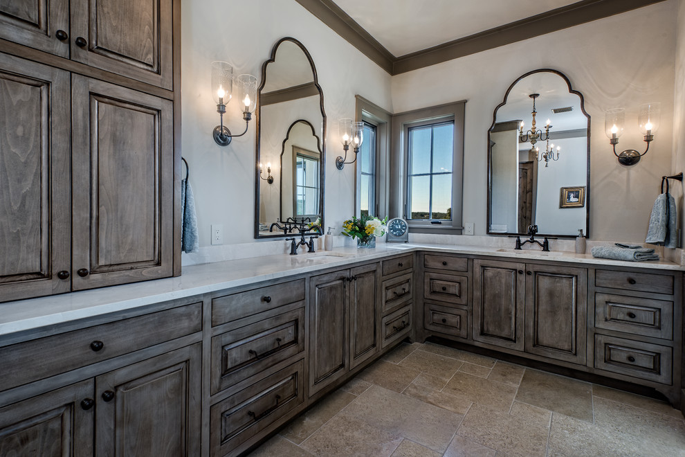 Inspiration for a large rustic master ceramic tile and brown floor bathroom remodel in Austin with open cabinets, dark wood cabinets, beige walls, an undermount sink and quartz countertops