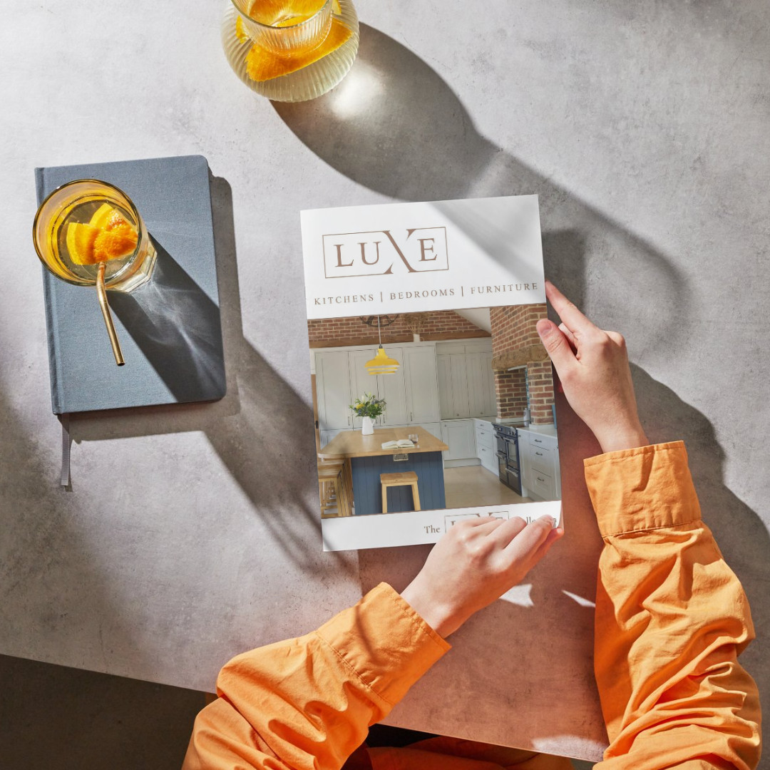 Cover of The Luxe Collection kitchen brochure featuring elegant shaker and modern kitchen designs, available in Leicester and Leicestershire.