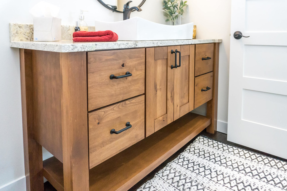 This is an example of a small scandinavian master bathroom in Other with flat-panel cabinets, medium wood cabinets, dark hardwood floors, granite benchtops, brown floor and white benchtops.