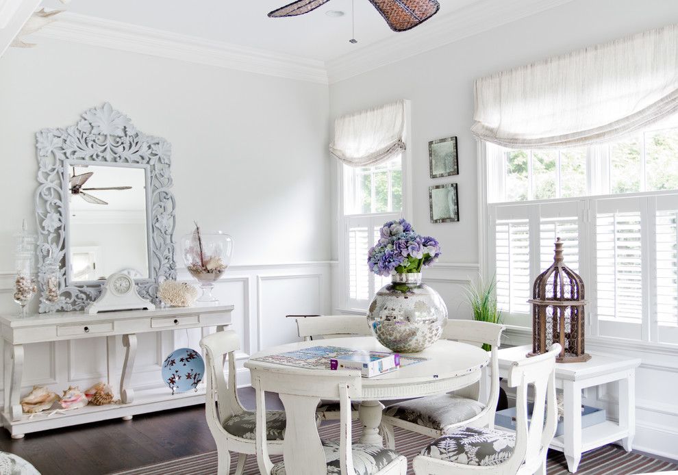 Inspiration for a traditional family room in New York with white walls and dark hardwood floors.