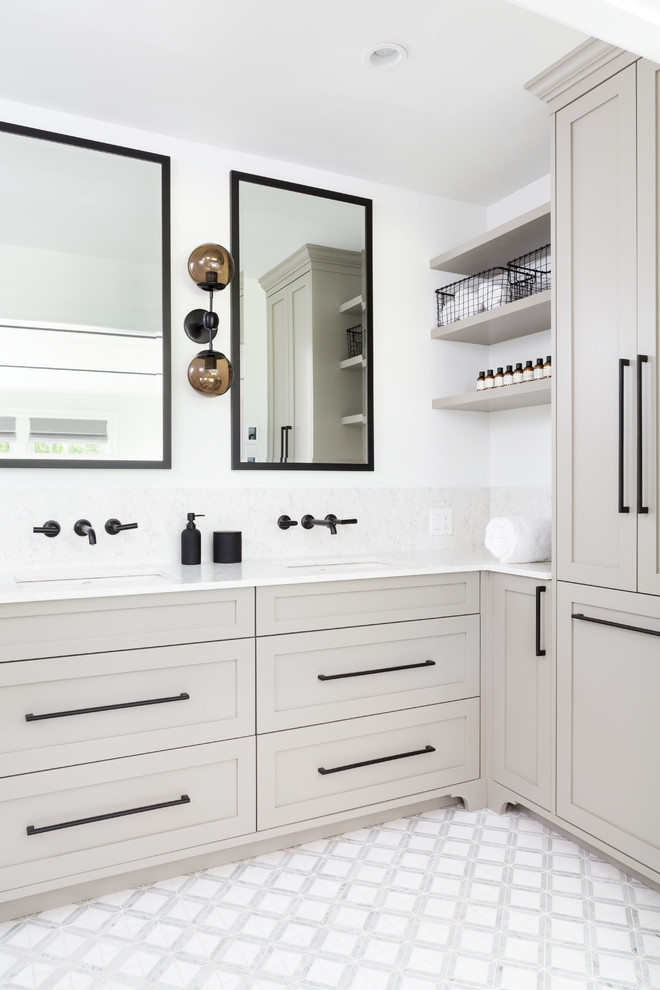 Mid-sized transitional master marble floor bathroom photo in Vancouver with shaker cabinets, gray cabinets, a two-piece toilet, white walls, an undermount sink and quartz countertops