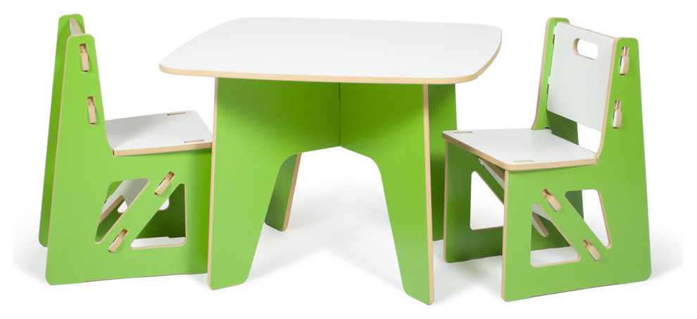 Kids Table and Chairs, 3-Piece Set, Green/White