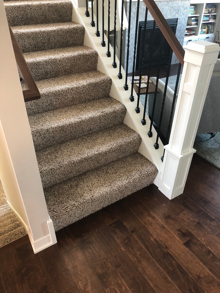 Photo of a mid-sized transitional carpeted u-shaped staircase in Minneapolis with carpet risers and wood railing.