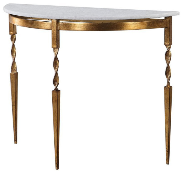 Bowery Hill Marble Top Demilune Accent Console Table in White Console