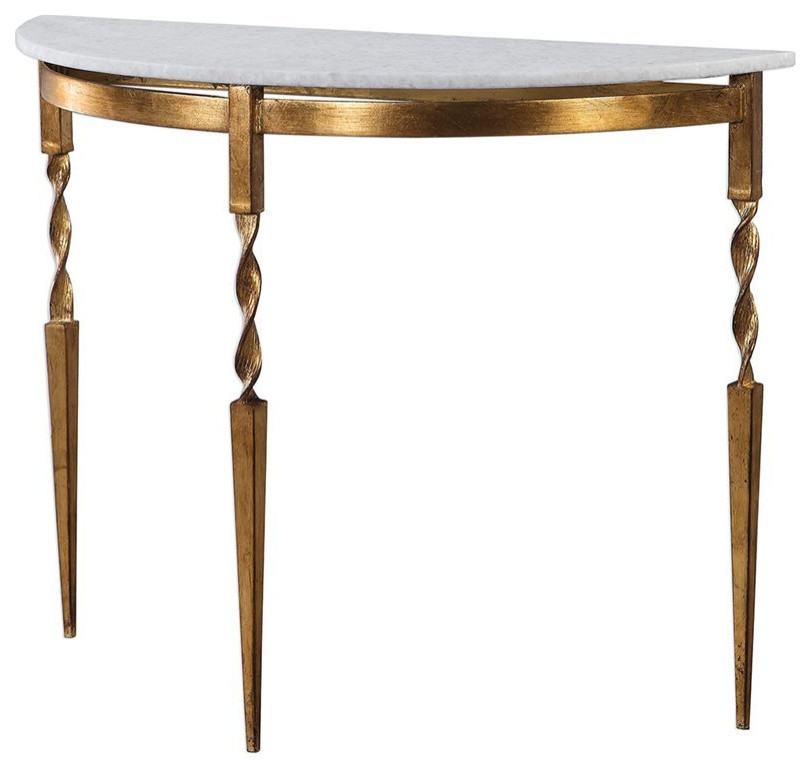 Bowery Hill Marble Top Demilune Accent Console Table in White
