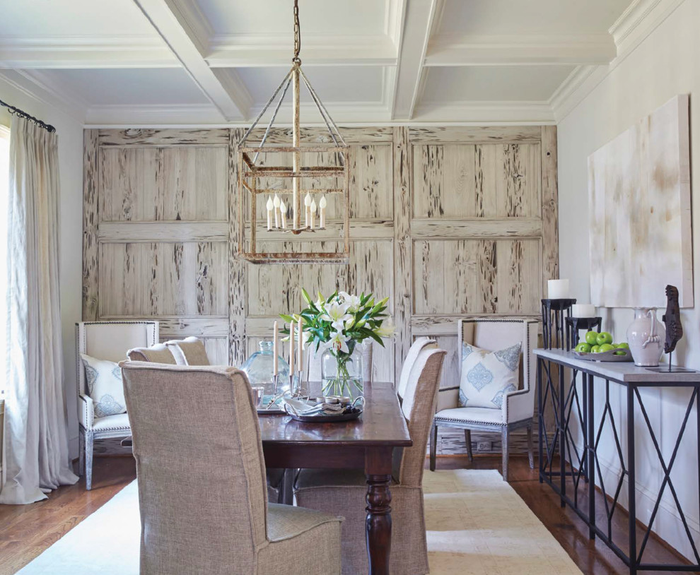 Inspiration for a large beach style separate dining room in Birmingham with beige walls, medium hardwood floors, no fireplace and brown floor.