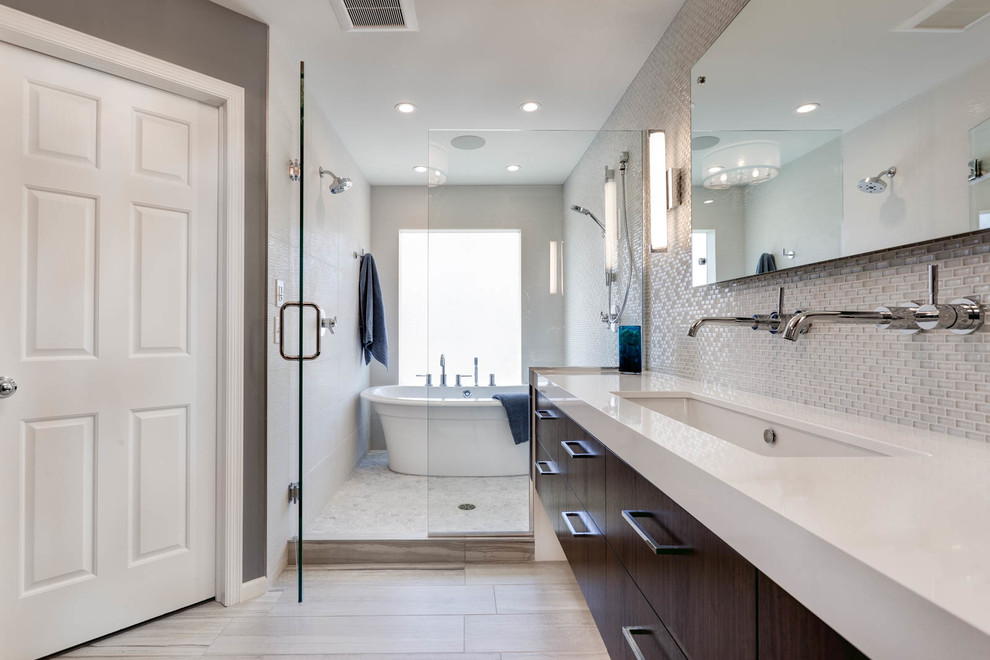 Design ideas for a small transitional master bathroom in Dallas with flat-panel cabinets, dark wood cabinets, a freestanding tub, a double shower, a two-piece toilet, white tile, stone tile, white walls, mosaic tile floors, an undermount sink, engineered quartz benchtops and grey floor.