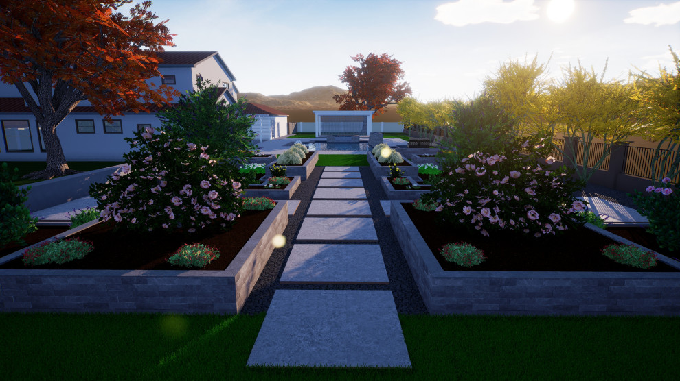 Стильный дизайн: большой регулярный сад на заднем дворе с высокими грядками и покрытием из каменной брусчатки - последний тренд
