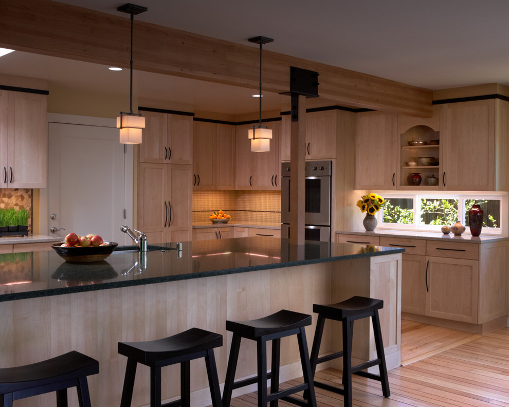 Inspiration for a contemporary kitchen in San Francisco with light wood cabinets.