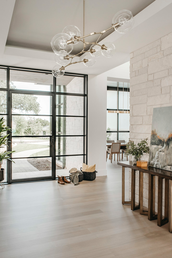 Design ideas for a large contemporary foyer in Austin with white walls, light hardwood floors, a single front door and a glass front door.
