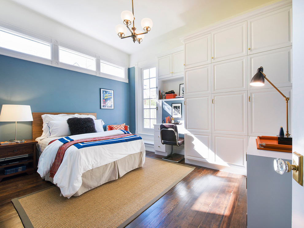 Transitional gender-neutral kids' room in San Francisco with dark hardwood floors and multi-coloured walls.