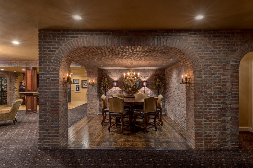 Inspiration for a huge rustic underground basement remodel with multicolored walls