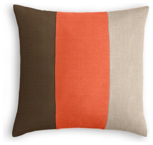 Chocolate Brown, Coral and Light Taupe Linen Color Block Pillow - Beach Style - Decorative ...