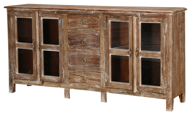 Palazzo Rustic Solid Wood Glass Door 4 Drawer Large Sideboard
