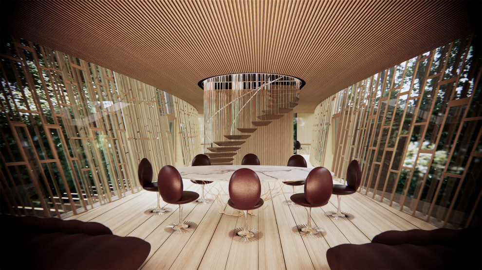 Ispirazione per una sala da pranzo aperta verso il soggiorno contemporanea di medie dimensioni con parquet chiaro, soffitto in legno e pannellatura
